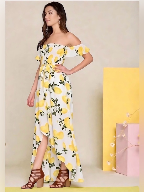 She + Sky Dresses & Skirts - Off Shoulder Lemon Print Hi-Low Ruffle Sun Dress